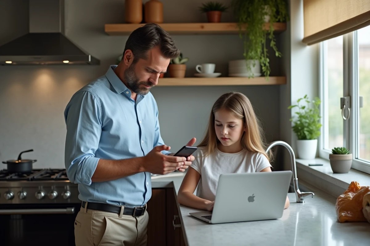 Pere et fille utilisant un ordinateur dans la cuisine moderne
