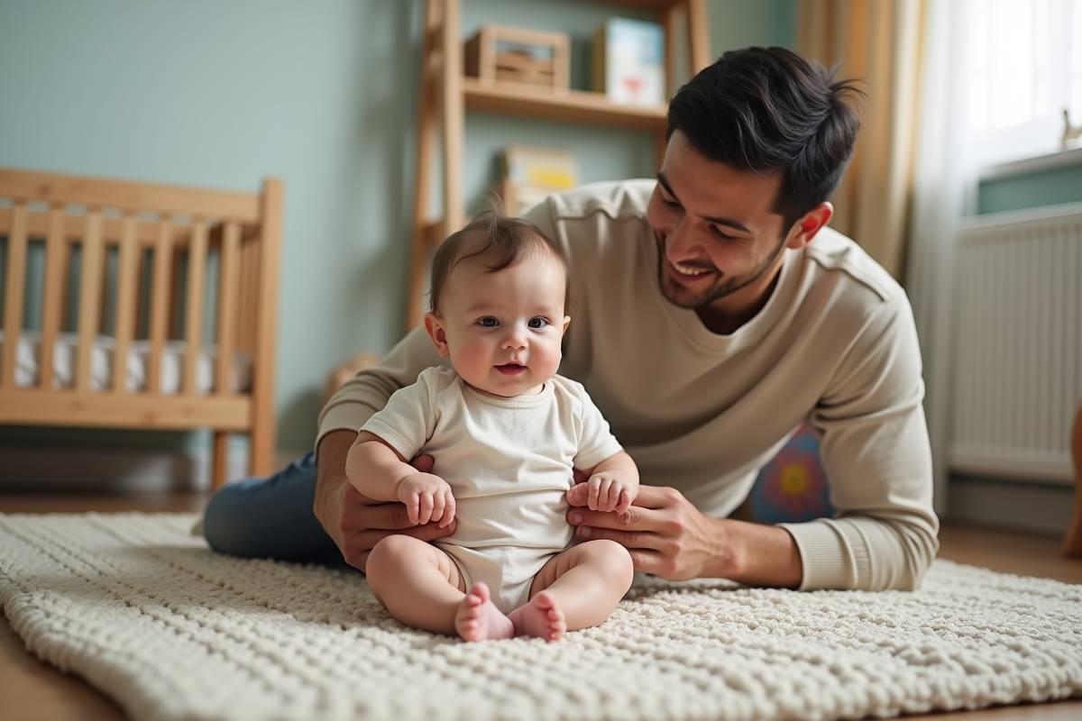 Pere aidant son bebe assis sur une couverture tricotée