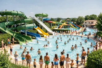 Vue panoramique d'un parc aquatique en Nouvelle-Aquitaine avec toboggans colorés et familles profitant des attractions aquatiques en été