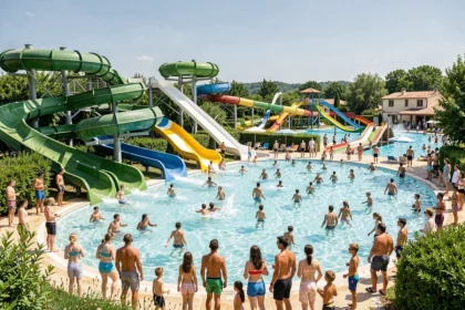 Vue panoramique d'un parc aquatique en Nouvelle-Aquitaine avec toboggans colorés et familles profitant des attractions aquatiques en été