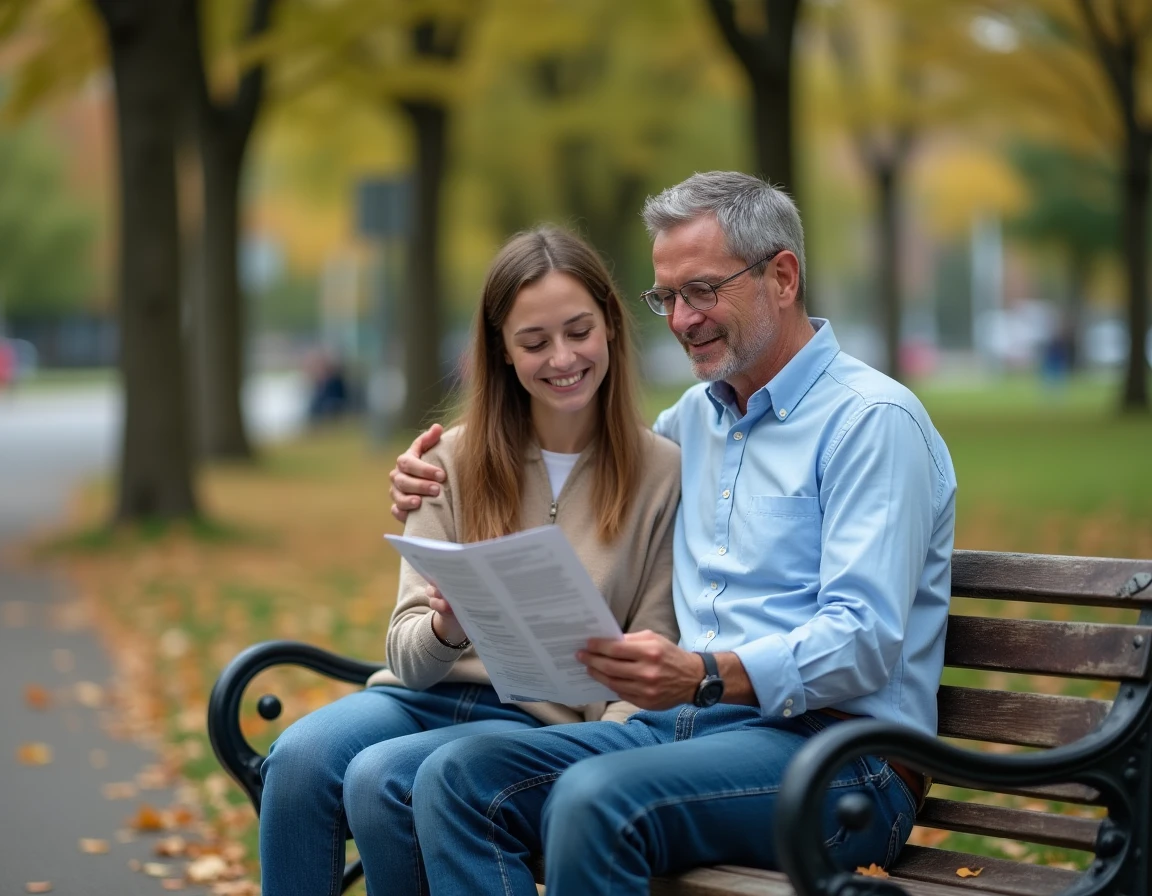 Père adoptif et jeune adulte adoptée discutant de l'adoption simple dans un parc en automne