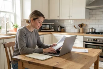 Parent devant un ordinateur portable à la table de la cuisine