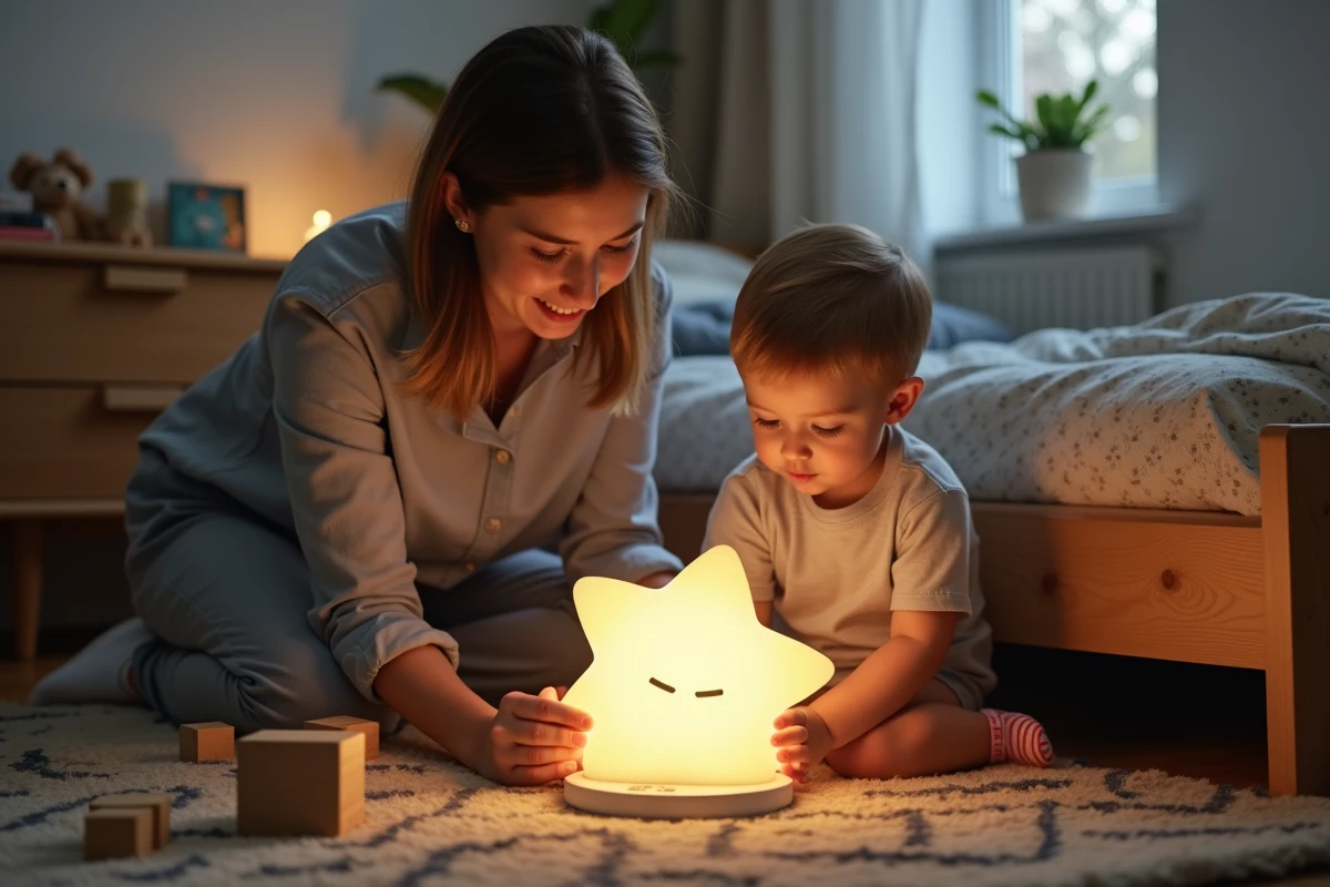 Parent montrant une veilleuse étoile personnalisable à un jeune enfant dans une chambre décorée avec tapis géométrique et jouets en bois