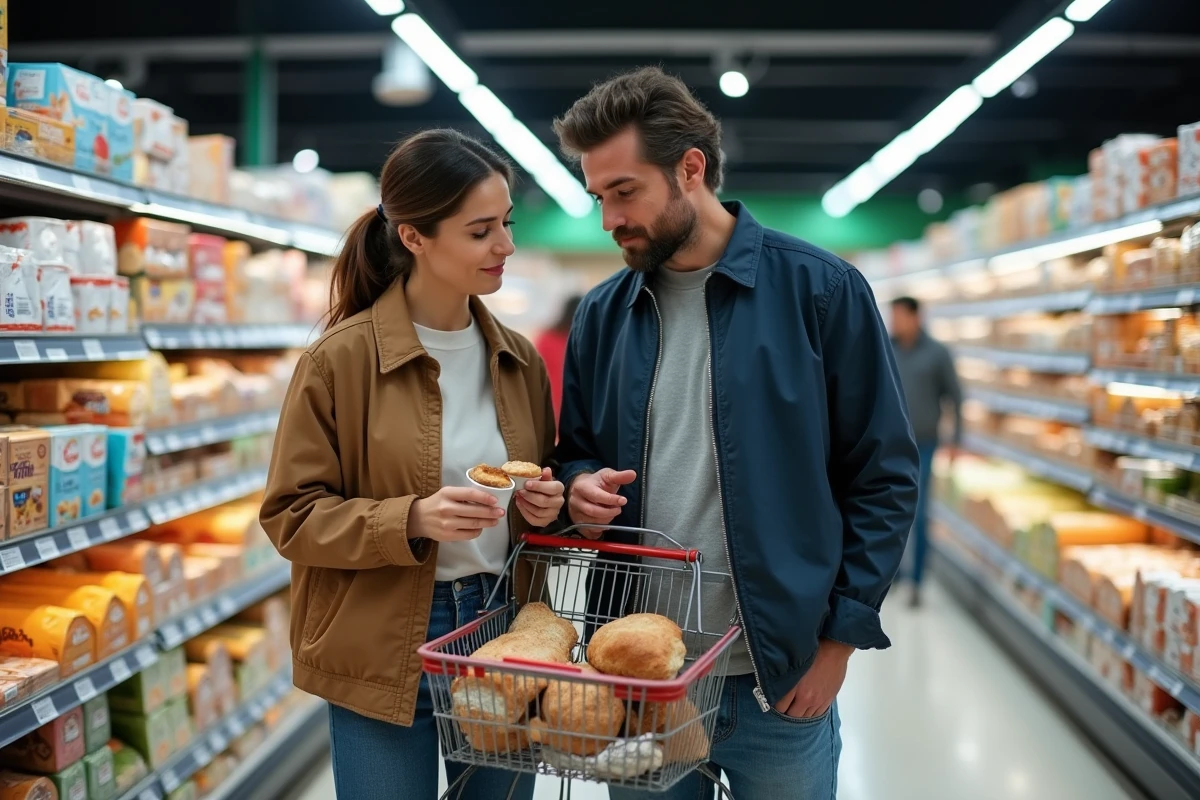 Deux parents faisant les courses au supermarché pour organiser les repas de leurs enfants pendant la grève de la cantine scolaire