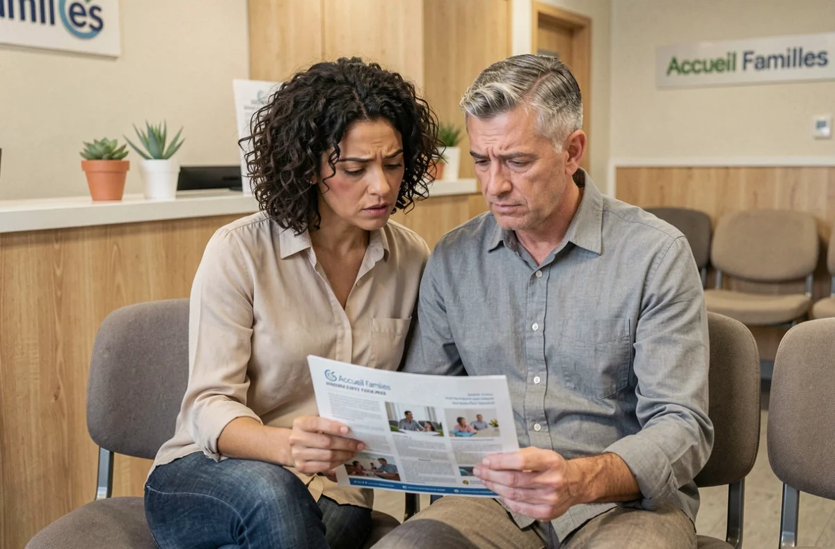 Parents consultant un brochure dans la salle d'attente d'un centre spécialisé pour enfants à besoins particuliers