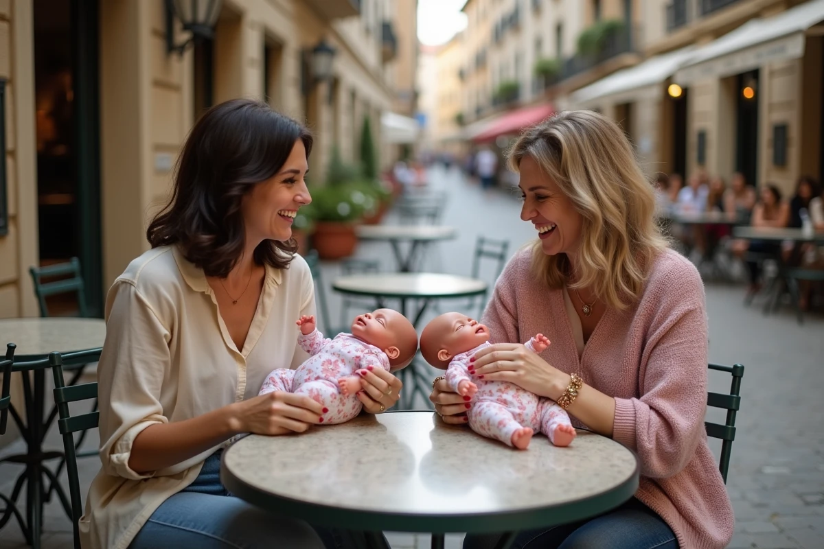 Deux femmes partageant leur passion pour les bébés rebornes en silicone autour d'une table de café en terrasse, comparant leurs poupées reborn