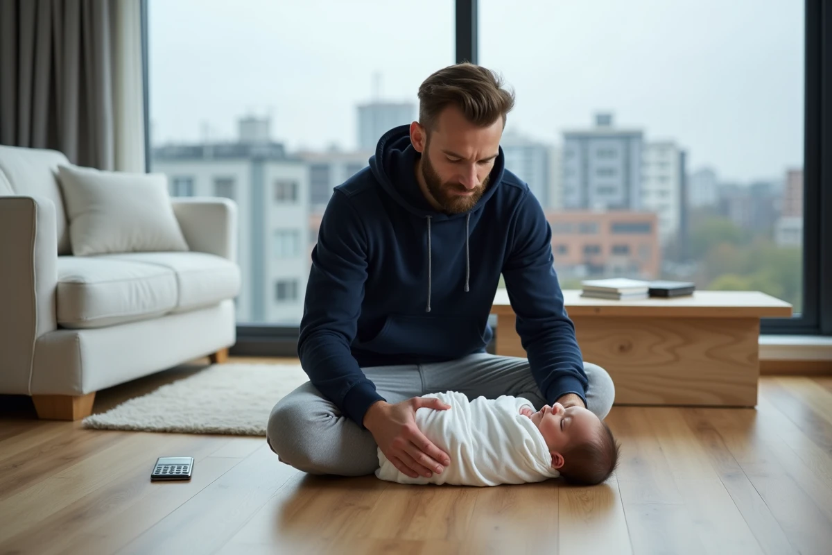 Jeune père autoentrepreneur calculant ses indemnités de congé paternité sur smartphone avec son bébé endormi à ses côtés