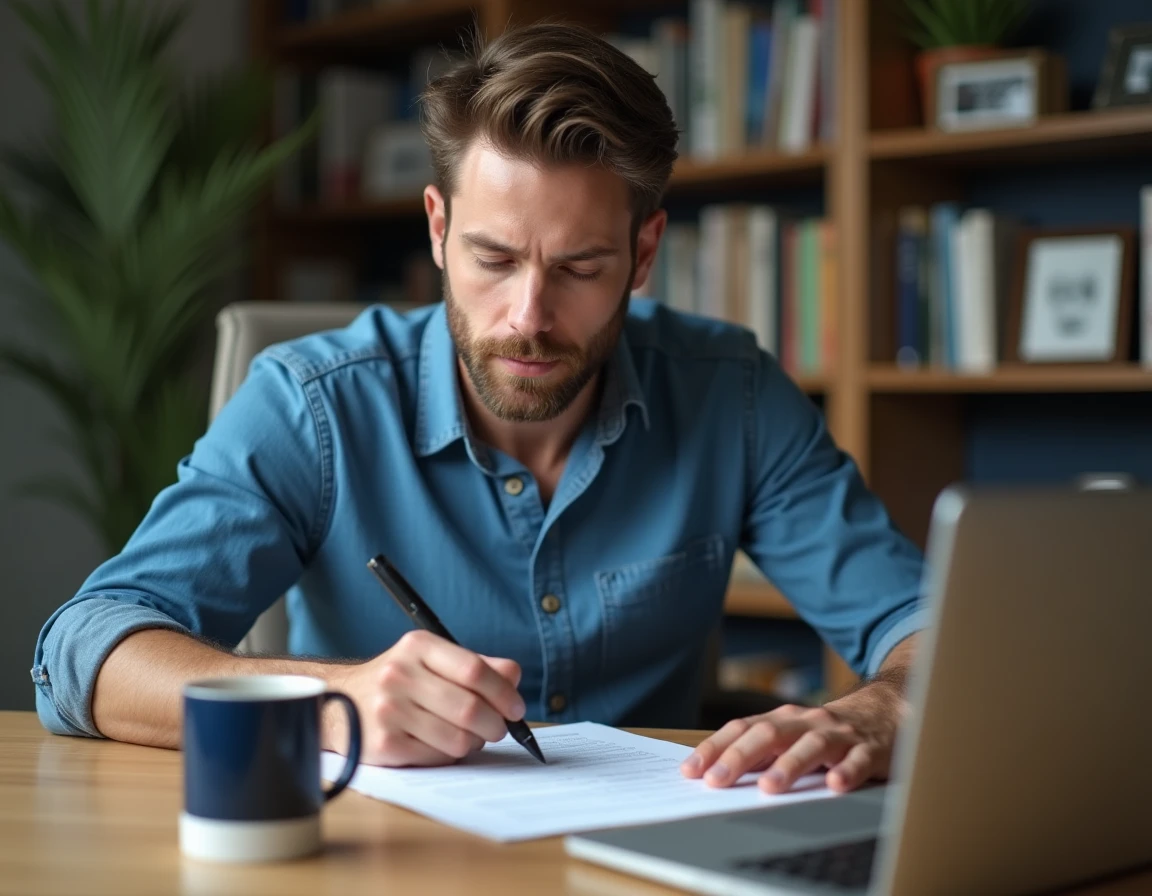 Père en congé parental rédigeant une lettre de renouvellement à son bureau à domicile avec un ordinateur portable ouvert