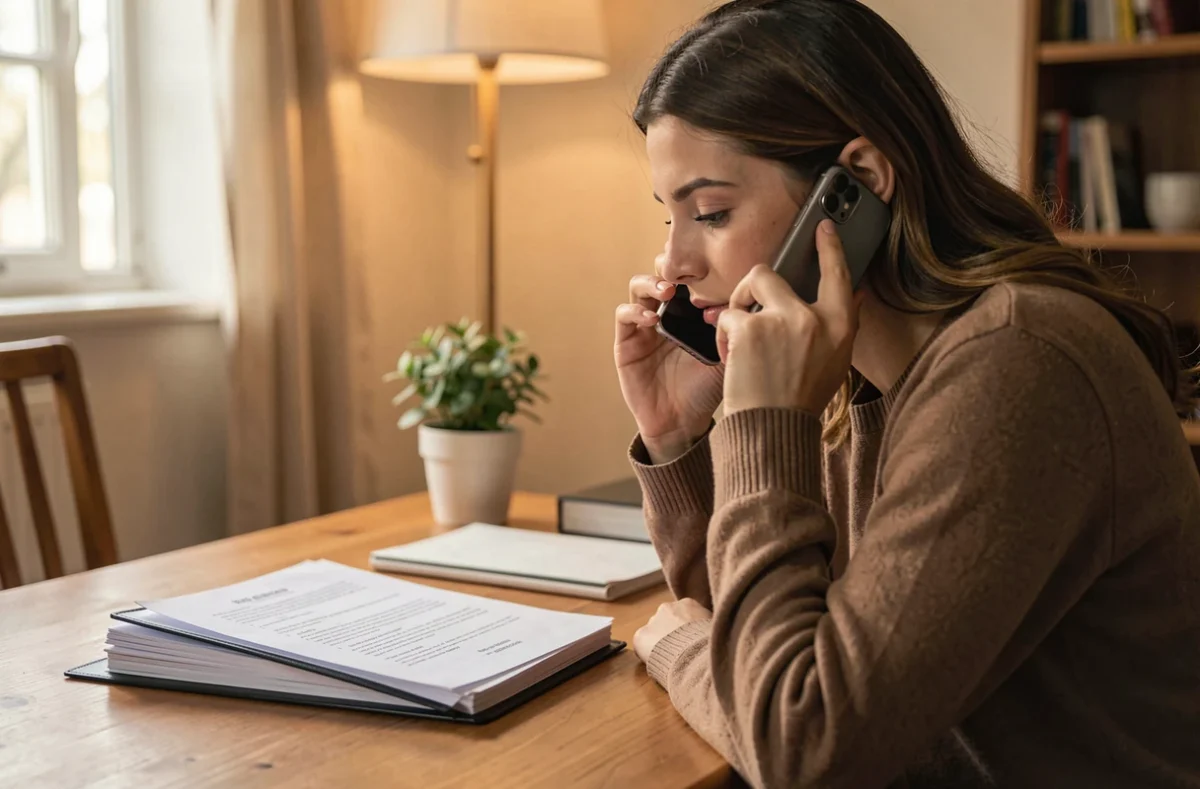 Personne au téléphone avec un dossier de papiers sur un bureau
