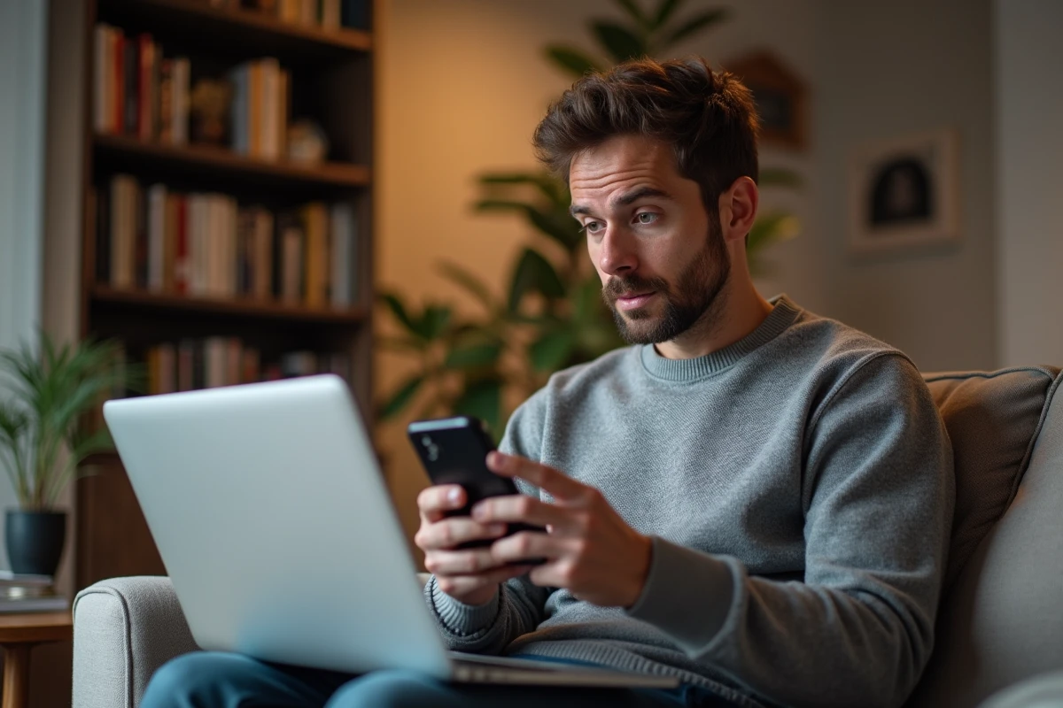 Personne consultant son smartphone sur un canapé, recherchant des informations sur un animateur TV suite à une tendance virale sur les réseaux sociaux et les forums