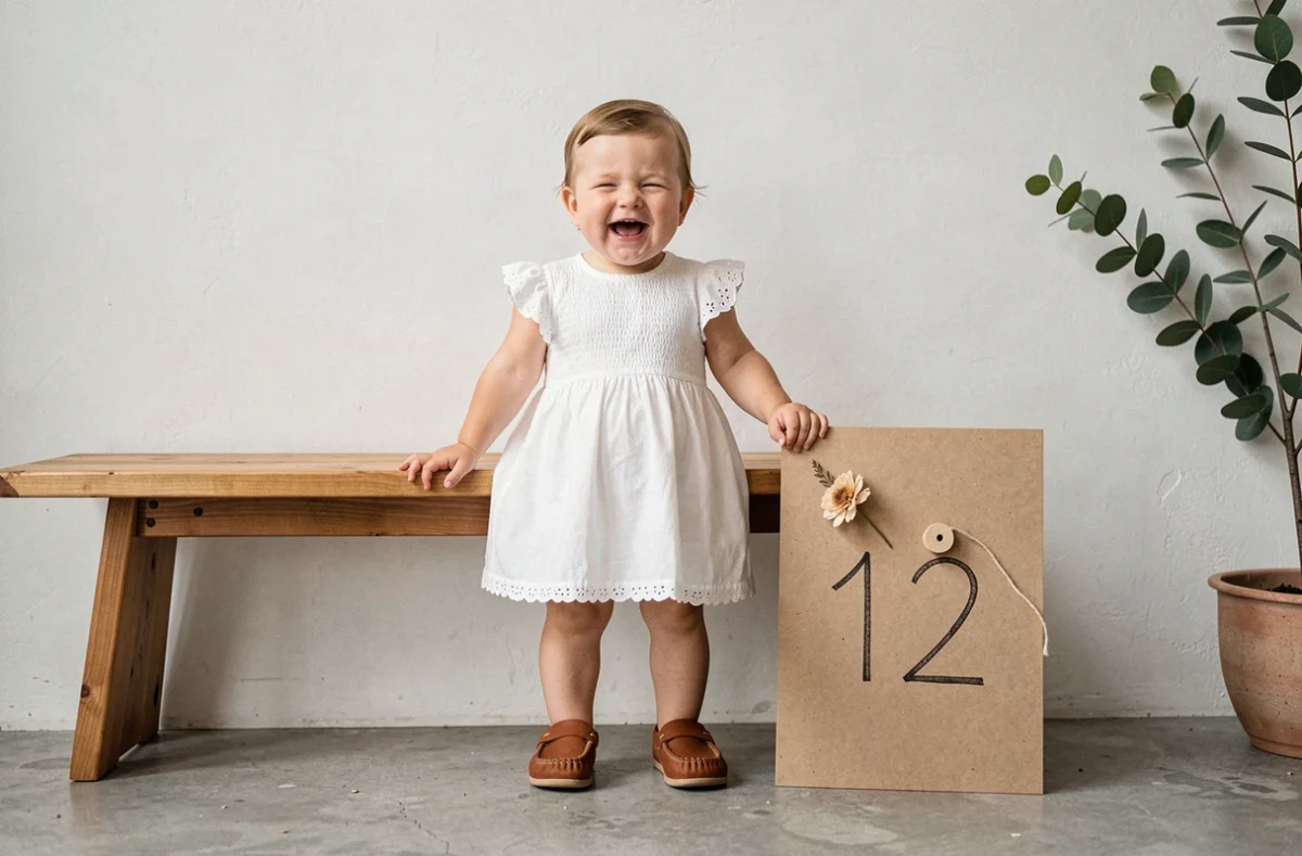 Bébé 12 mois debout tenant un banc avec panneau anniversaire en papier kraft et accessoires artisanaux, photo mensuelle originale