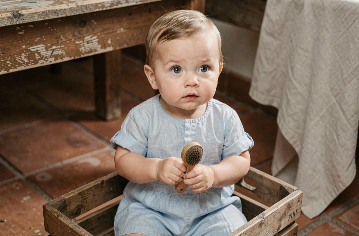 Bébé 6 mois assis tenant une brosse en bois dans une cuisine rustique, photo mensuelle originale avec accessoires du quotidien