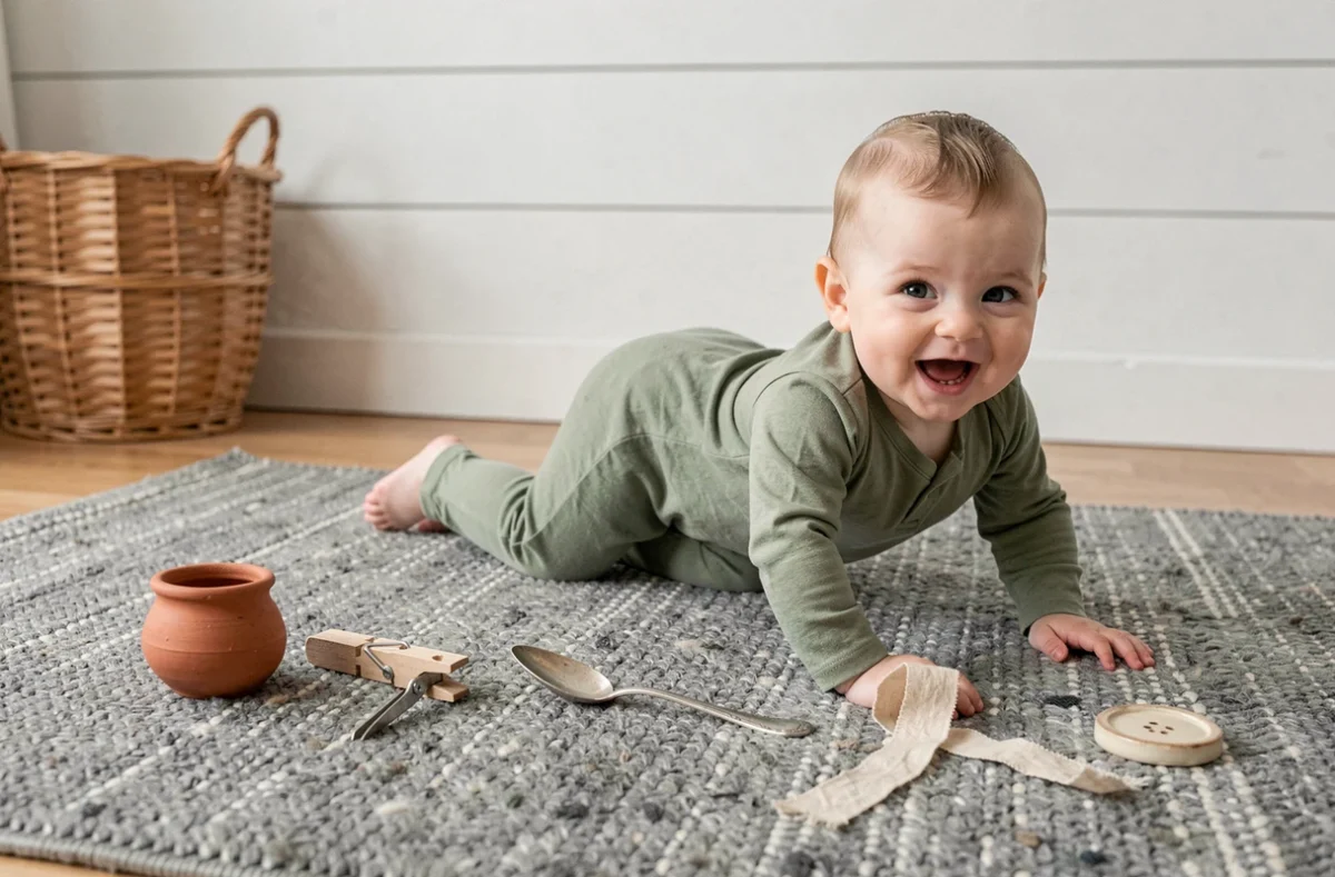 Bébé 9 mois qui rampe sur tapis en laine avec objets du quotidien alignés pour marquer chaque mois, photo originale