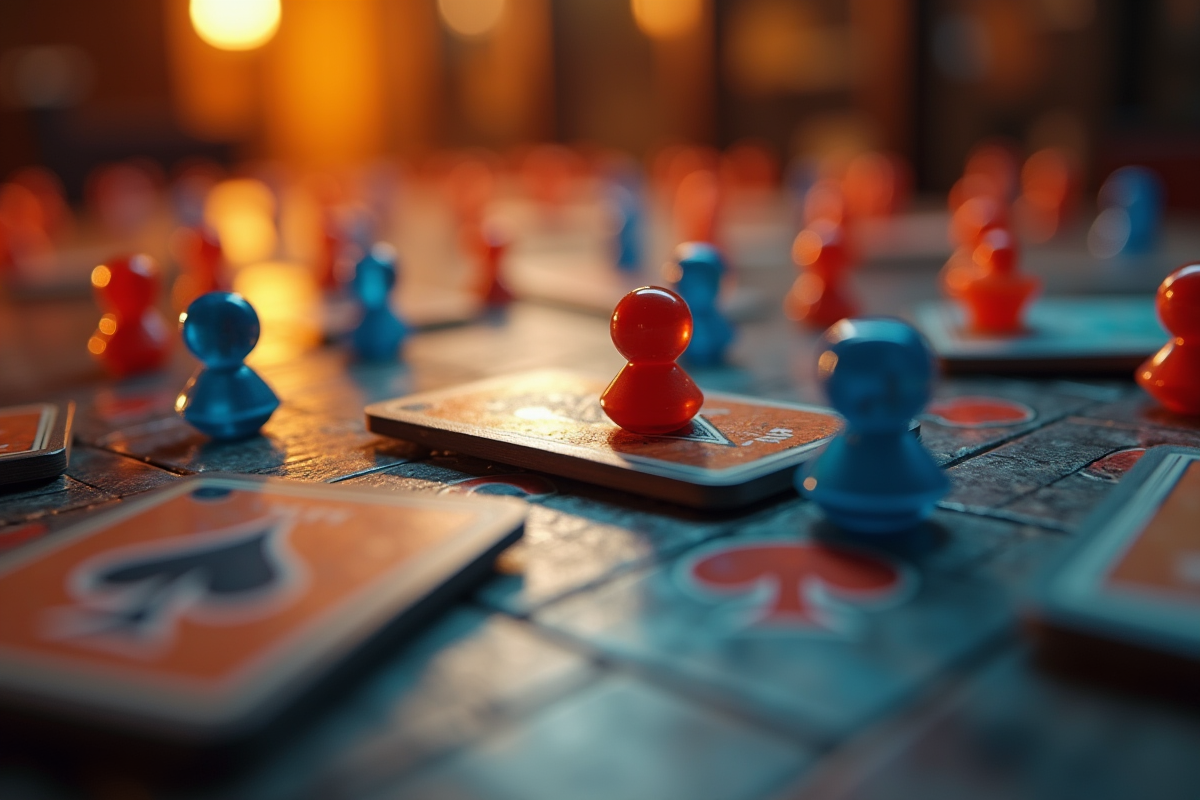 Pièces et cartes de jeu dispersées sur une table propre