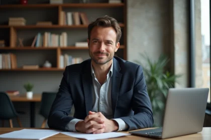Portrait éditorial d'un journaliste français en blazer marine dans un bureau parisien moderne, ambiance professionnelle