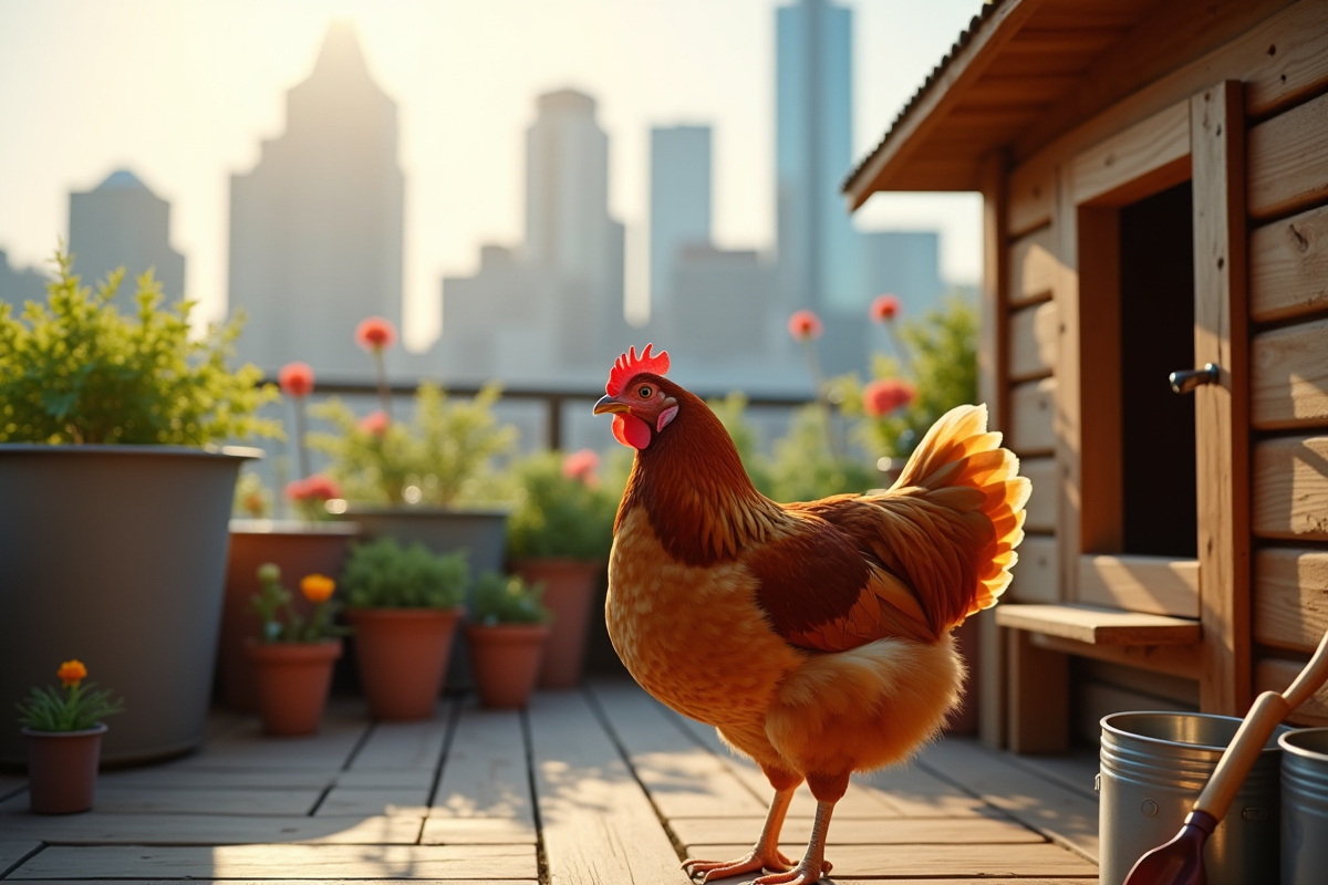 Poule près de la cabane en bois sur un toit avec vue sur la ville
