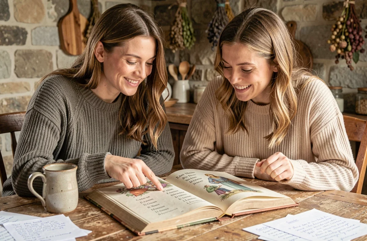 Deux femmes consultant ensemble un livre illustré de prénoms médiévaux anciens autour d'une table de ferme rustique