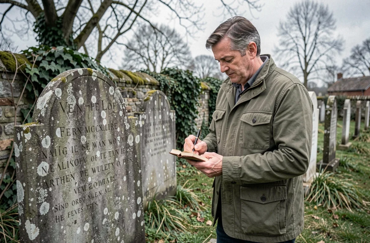 Homme prenant des notes sur des pierres tombales anciennes dans un cimetière historique pour trouver des prénoms rares et originaux