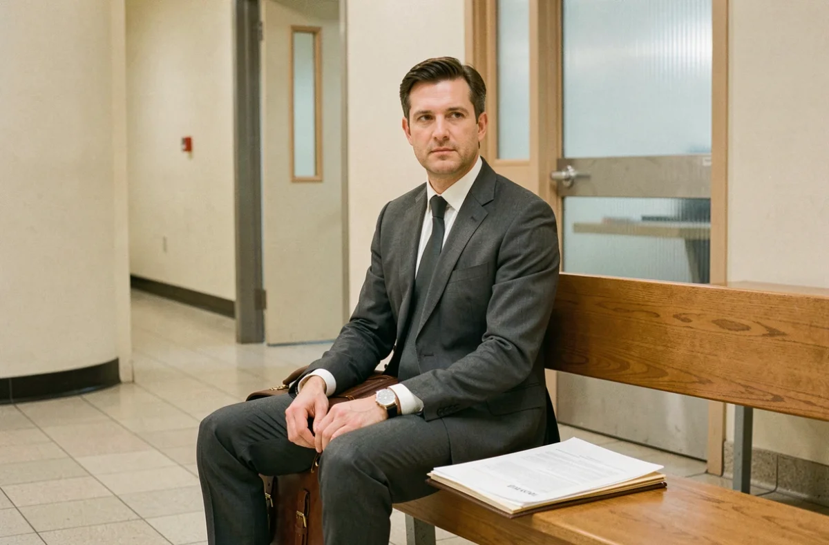 Homme en costume gris attendant calmement dans le couloir du palais de justice avant son audience devant le juge aux affaires familiales