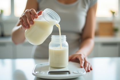 Parent versant lait maternel dans un biberon bébé sur une balance