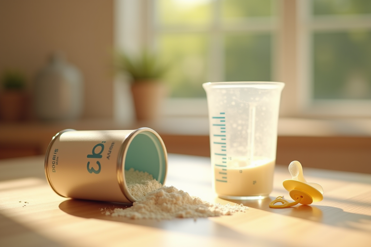 Préparation lait bébé avec poudre et biberon sur une table en bois