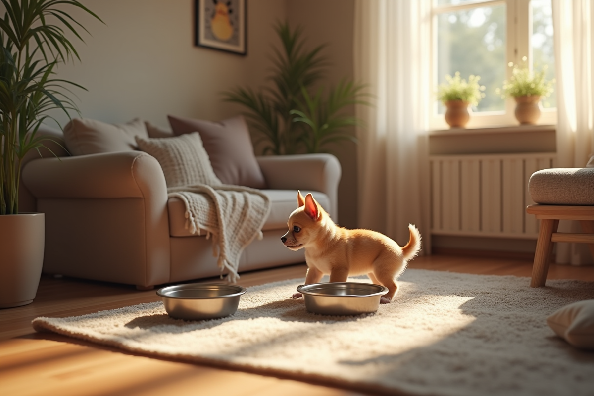 Famille préparant un coin accueillant pour chiot chihuahua
