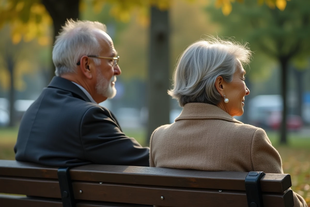 Couple âgé assis sur un banc dans un parc urbain