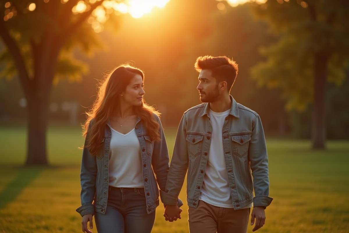 Couple marchant dans un parc lors de l