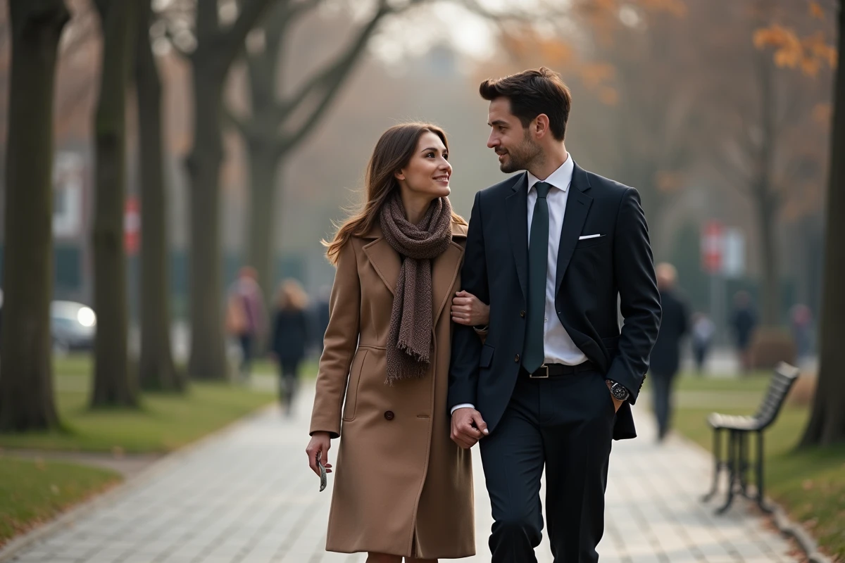 Couple élégant se promenant dans un parc urbain