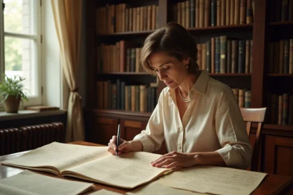 Femme consultant des documents généalogiques anciens et des photographies de famille dans une bibliothèque chaleureuse, illustrant la recherche sur les origines et les parents de Régine Delfour