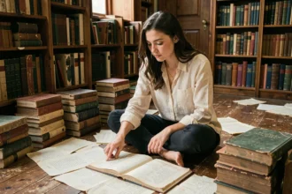Jeune femme feuilletant de vieux registres généalogiques à la recherche de prénoms anciens rares dans une bibliothèque vintage