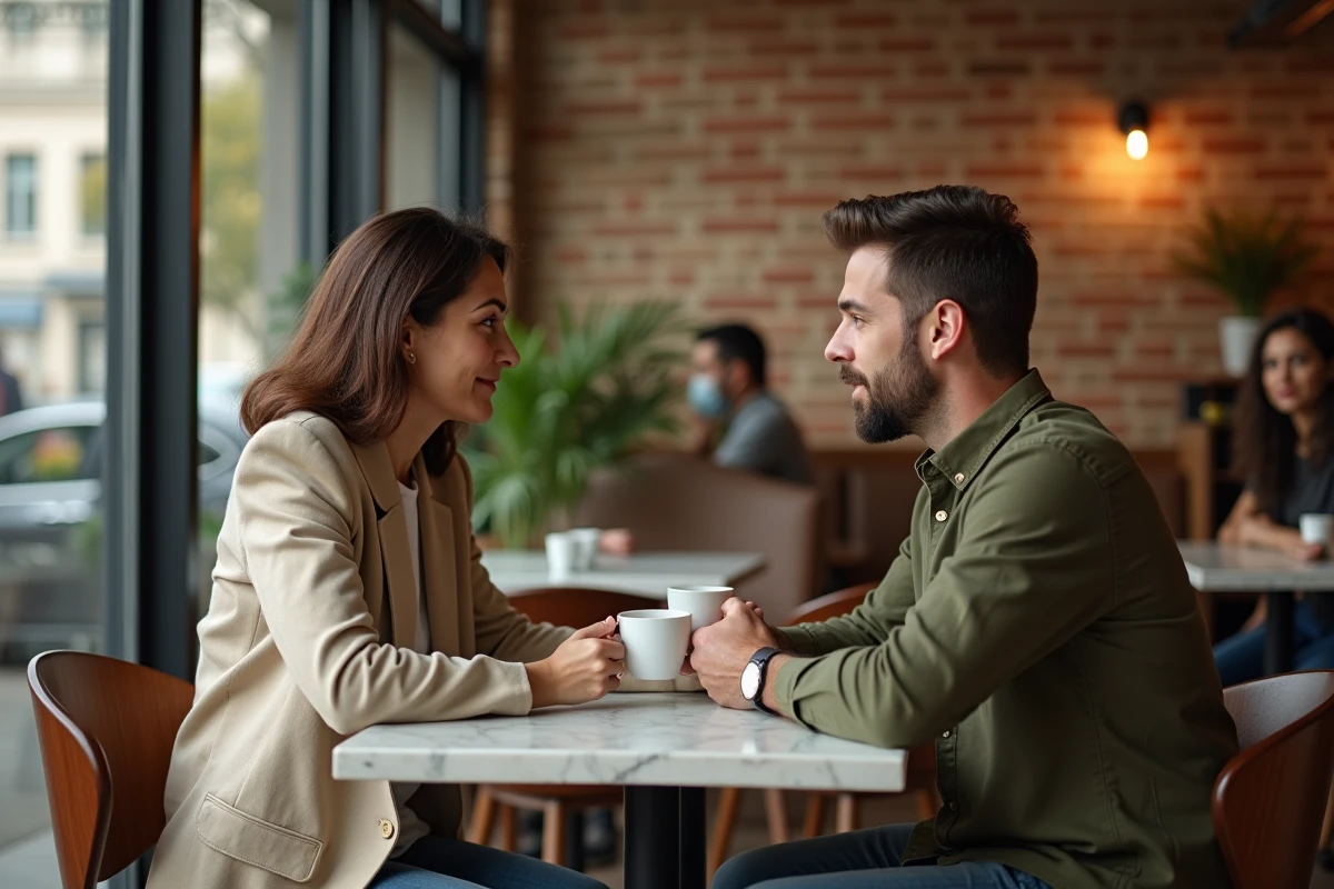 Mère et fils adulte assis face à face dans un café, silence gêné mais espoir de réconciliation, illustrant la reconstruction d'un lien familial apaisé