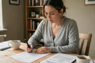 Femme rédigeant une lettre de rupture de contrat assistante maternelle à une table en bois avec des documents administratifs