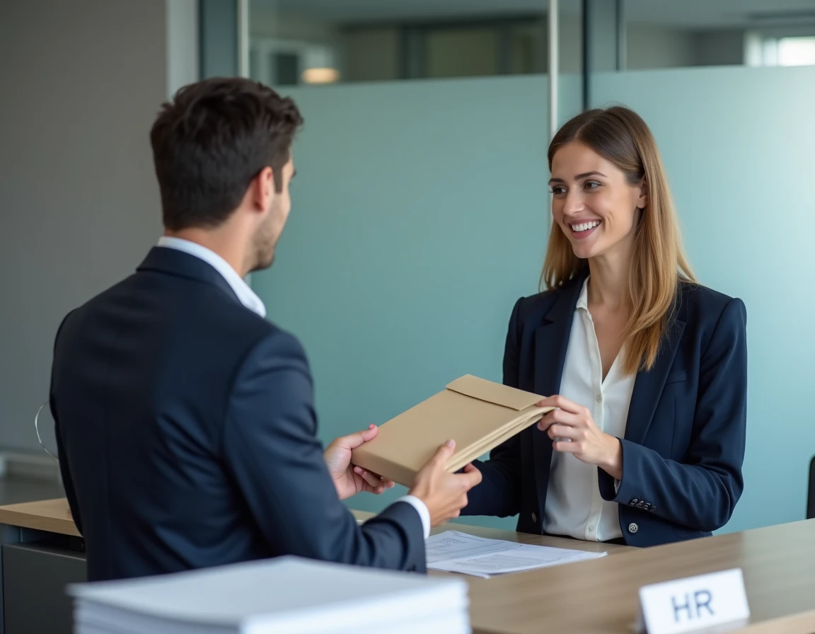 Femme remettant une lettre de renouvellement de congé parental à un responsable des ressources humaines dans un bureau d'entreprise