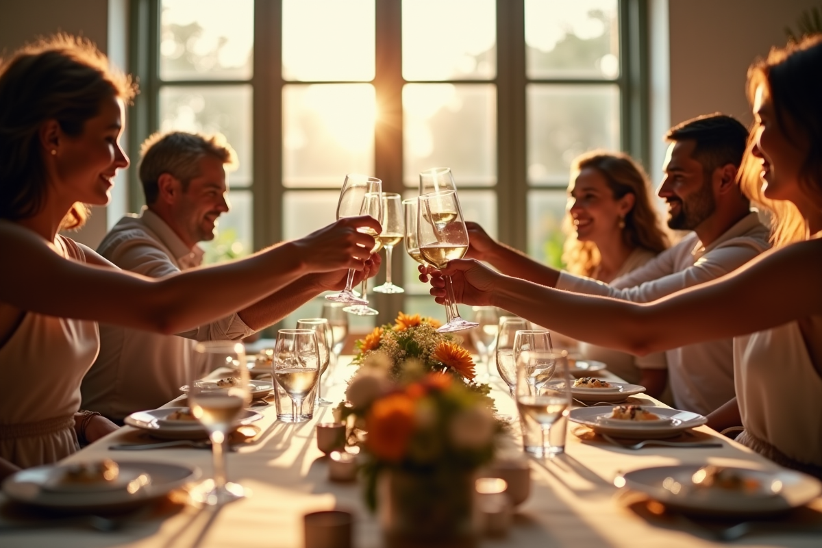 Repas de famille avec amis levant leurs verres en intérieur lumineux