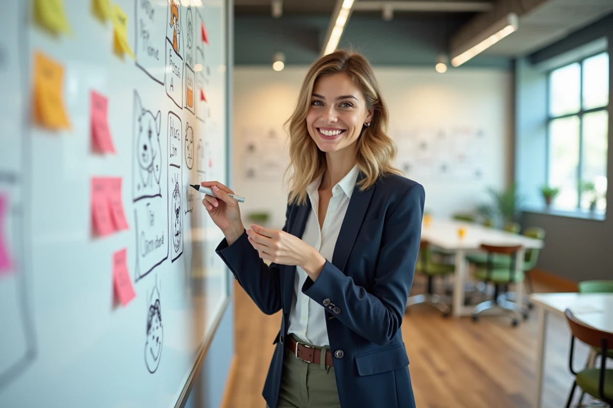 Jeune femme showrunner devant un tableau de notes et dessins