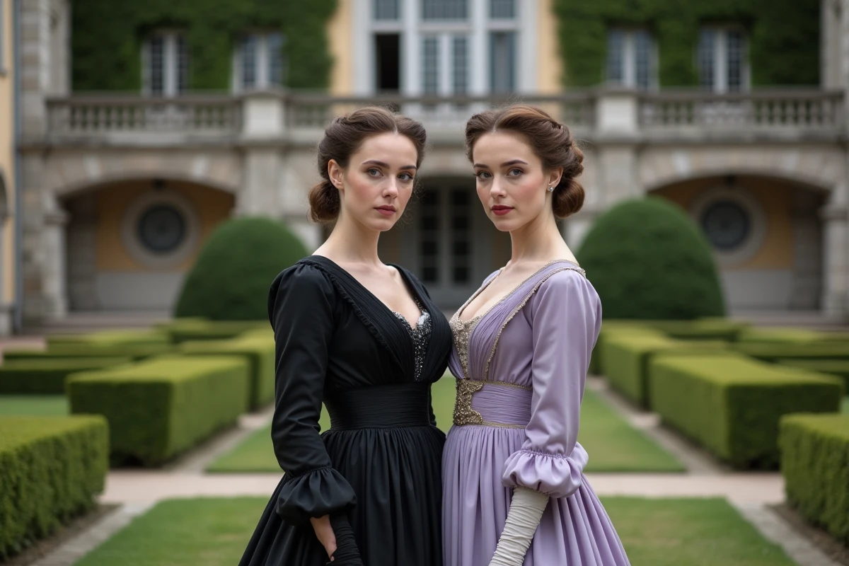 Deux femmes en costumes de cour autrichiens fin XIXe siècle dans un jardin impérial Habsburg, illustrant la relation entre Sissi et sa fille Marie Valérie