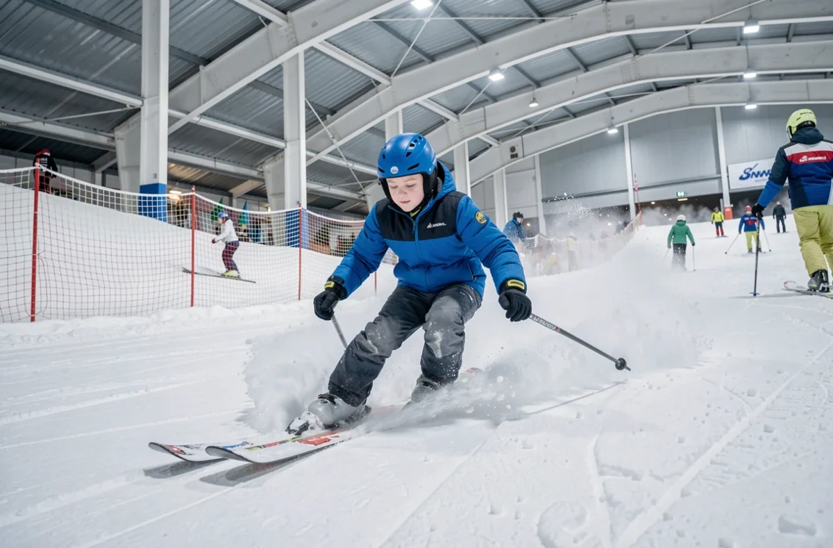 Adolescent en train de skier sur les pistes enneigées de Snowworld Amnéville, centre de ski indoor en Moselle
