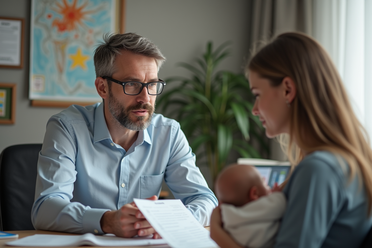 Travailleur social expliquant documents à mère et bébé