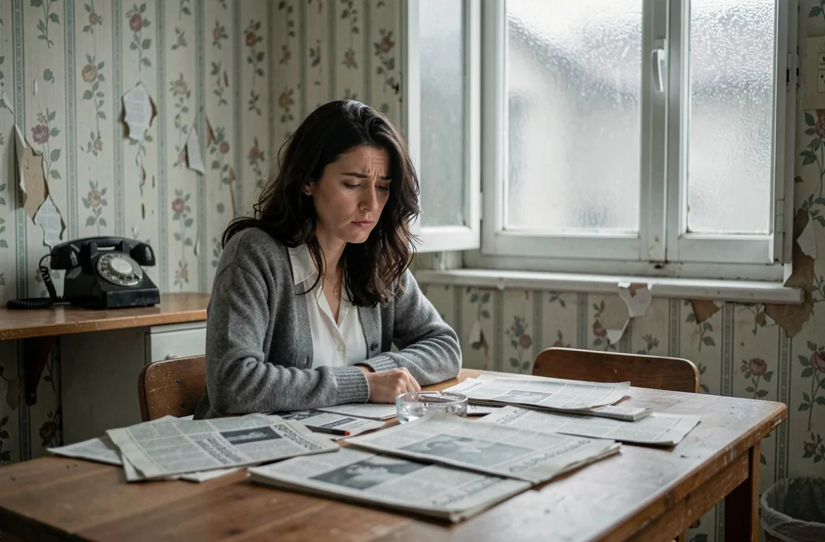 Portrait introspectif d'une femme seule dans un appartement parisien des années 1970, entourée de coupures de journaux, illustrant l'atmosphère pesante et la vie sous pression associées à la relation entre Mesrine et María de la Soledad
