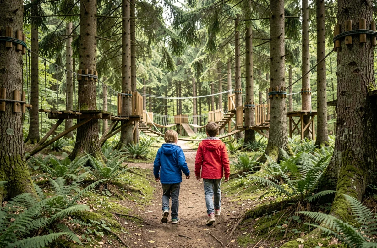 Famille explorant les sentiers d'aventure forestiers de Tepacap Bitche, le Parc multiloisirs La Forêt des Défis dans les Vosges en Moselle