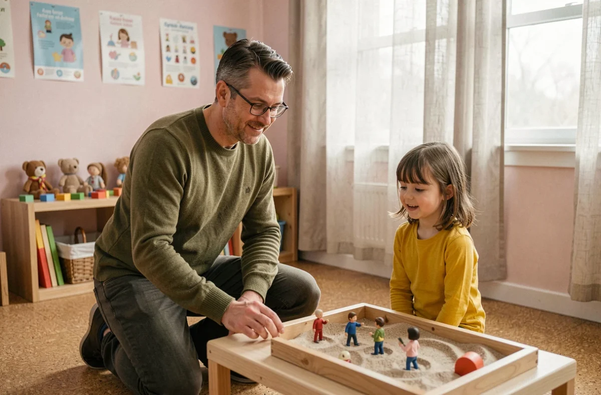 Thérapeute spécialisé accompagnant une jeune fille lors d'une séance de thérapie par le jeu dans un centre pour enfants difficiles