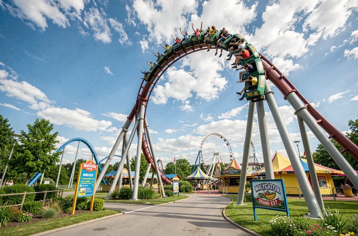 Grande attraction de montagnes russes à Walygator Grand Est, parc d'attractions majeur en Moselle avec visiteurs enthousiastes