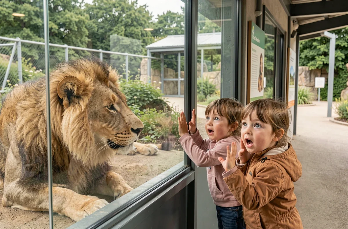 Enfants fascinés par un lion à travers la vitre d'un enclos au Zoo d'Amnéville, l'un des zoos les plus célèbres de Moselle